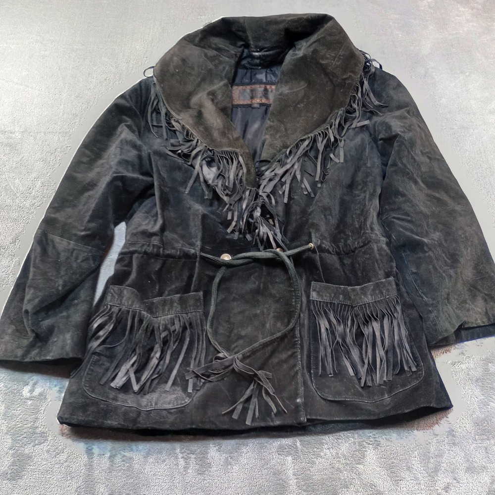 Laurice Fringe Suede Jacket Womens L Black Leather Western Boho Vintage Coat